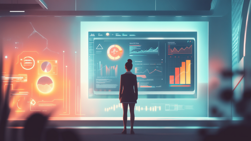 Empresario analizando estrategias digitales en una pantalla, con gráficos de crecimiento y branding para elevar su negocio