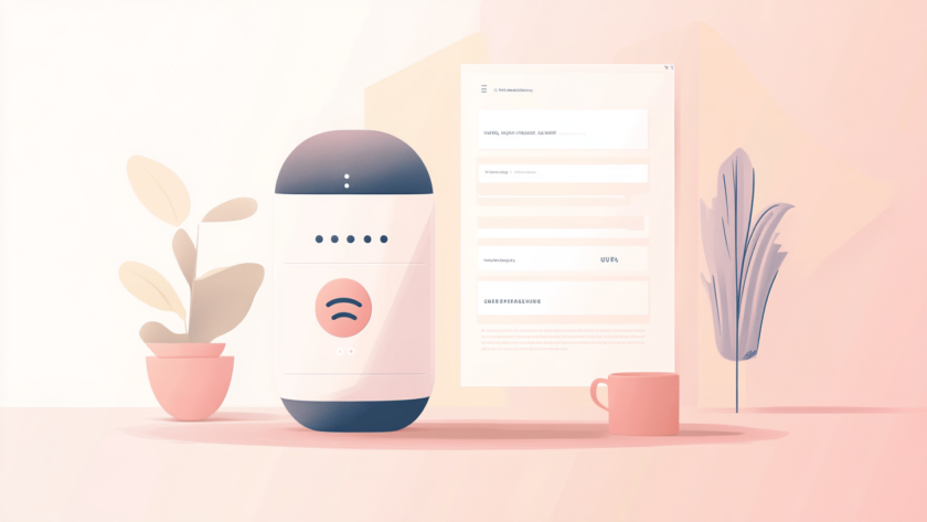 Ilustración minimalista de una persona usando un asistente de voz con iconos flotantes representando búsqueda digital