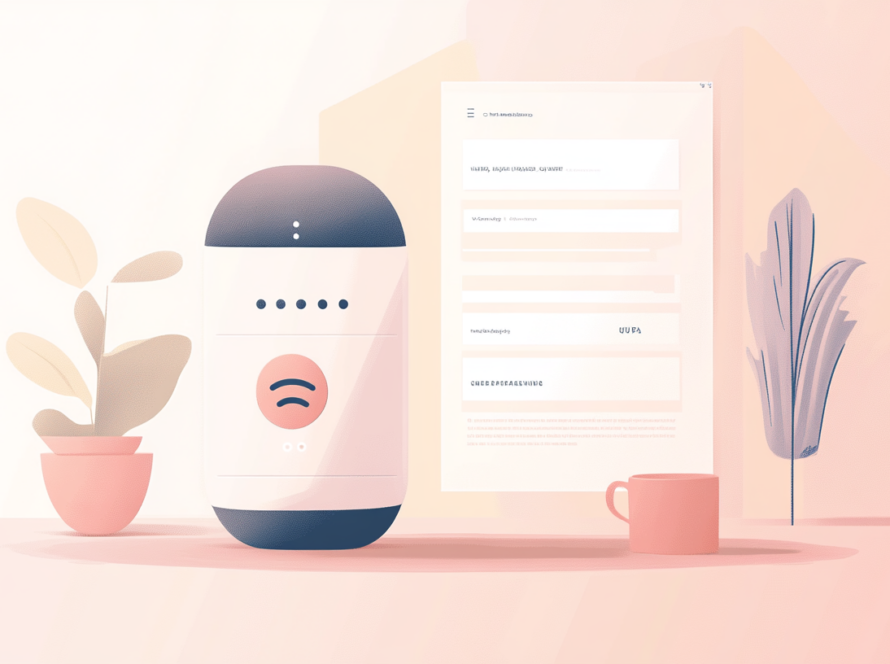 Ilustración minimalista de una persona usando un asistente de voz con iconos flotantes representando búsqueda digital