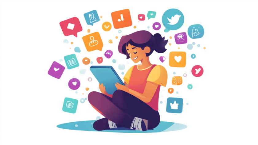 Ilustración animada de un empresario gestionando una campaña de marketing en redes sociales con métricas de engagement y estrategias digitales