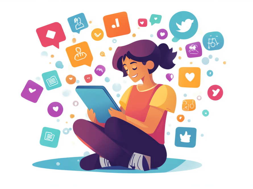 Ilustración animada de un empresario gestionando una campaña de marketing en redes sociales con métricas de engagement y estrategias digitales