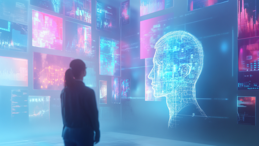 Ilustración moderna sobre tendencias en marketing digital 2024, con pantallas de inteligencia artificial, estrategias de SEO y redes sociales.