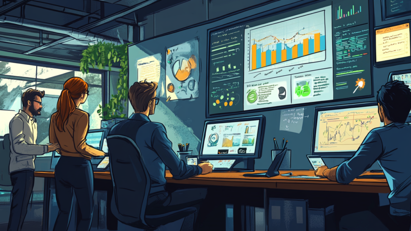 Ilustración animada de un equipo de marketing digital planificando una campaña online con pantallas de análisis y gráficos de rendimiento