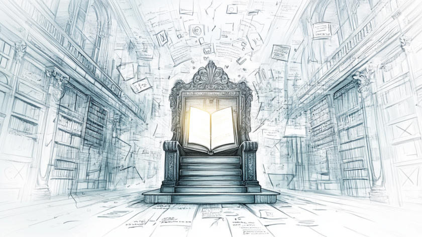 Ilustración en boceto a lápiz de un trono con un libro digital en el centro, simbolizando el poder del contenido en el marketing digital.