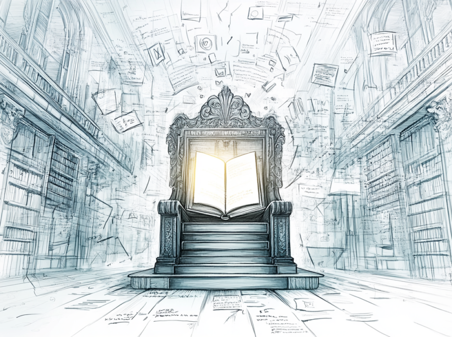 Ilustración en boceto a lápiz de un trono con un libro digital en el centro, simbolizando el poder del contenido en el marketing digital.