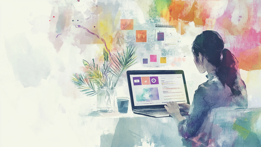 Ilustración en acuarela de un estratega digital optimizando una campaña de publicidad online con métricas y segmentación