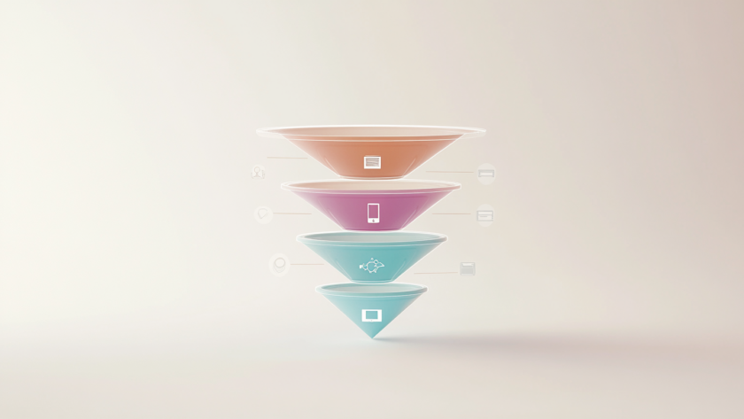 Ilustración minimalista de un embudo de marketing digital con fases de conversión optimizadas y estrategias visuales.