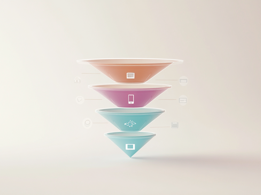 Ilustración minimalista de un embudo de marketing digital con fases de conversión optimizadas y estrategias visuales.