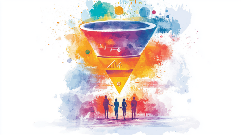 Representación visual de un embudo de conversión con usuarios interactuando en una web optimizada para generar más ventas