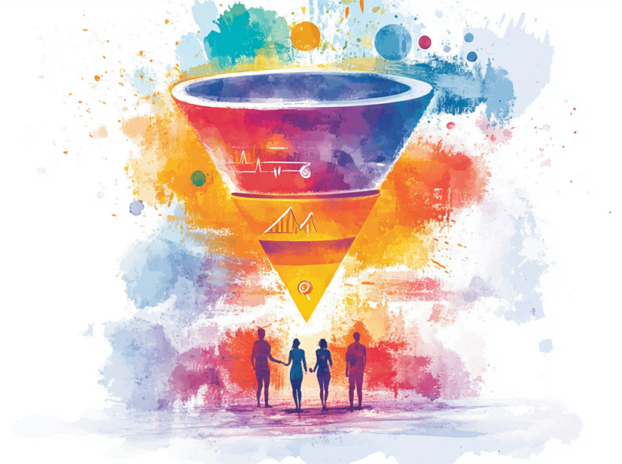 Representación visual de un embudo de conversión con usuarios interactuando en una web optimizada para generar más ventas